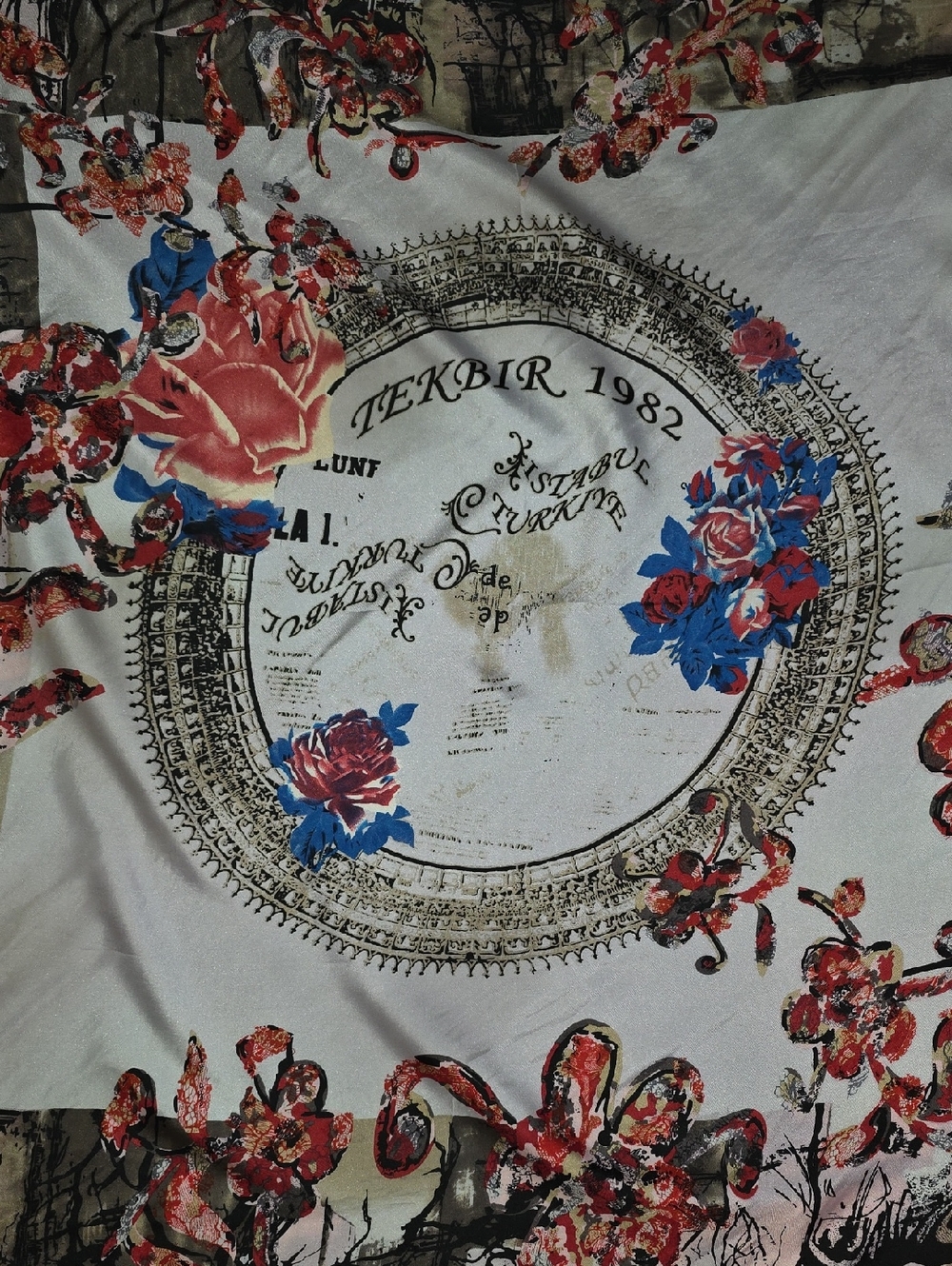 TEKBIR Floral Printed Women's Scarf - White, Blue & Red